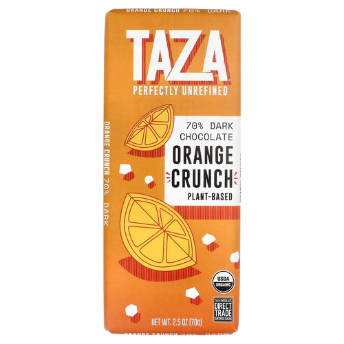 Taza Chocolate, 70% темный шоколад, с апельсиновой хрустящей начинкой, 70 г (2,5 унции)