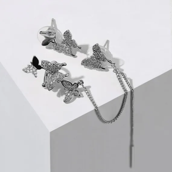 Набор серьги и каффа полёт бабочек, цвет белый в серебре