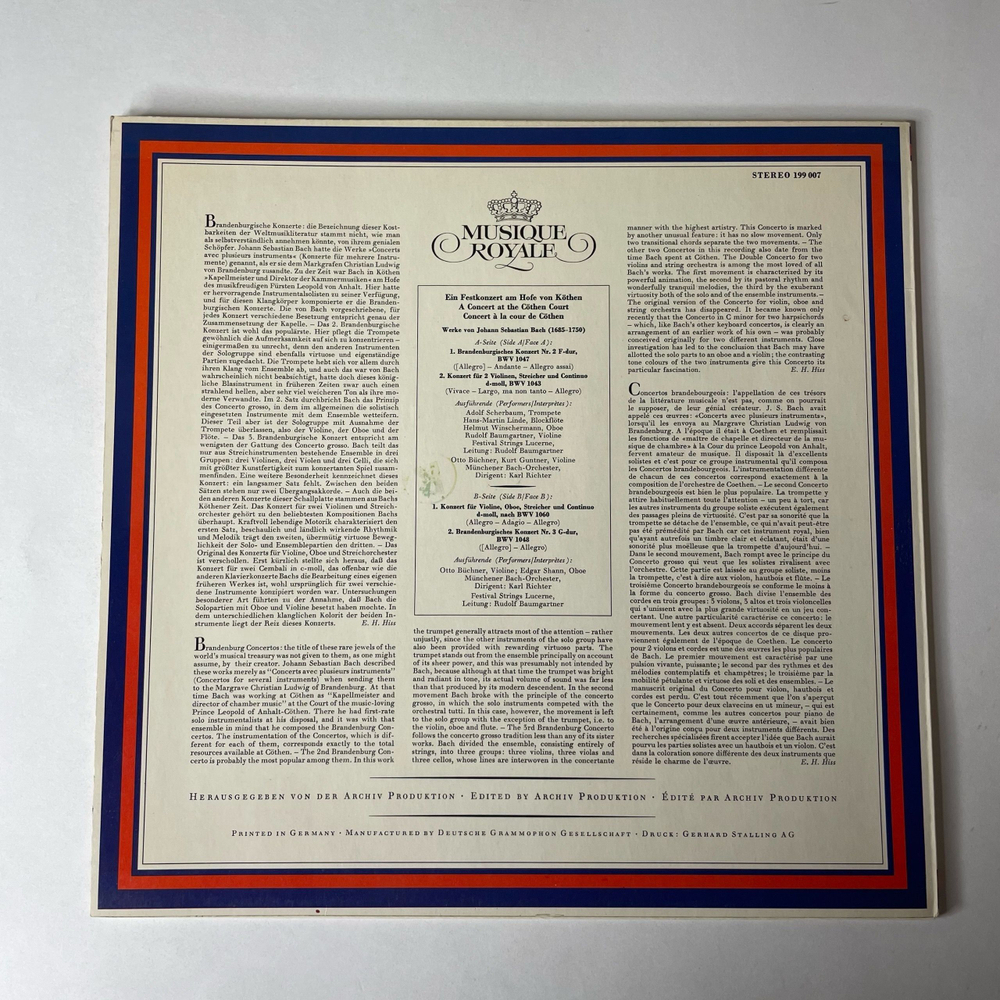 Винтажная виниловая пластинка LP Johann Sebastian Bach И. С. Бах, Ein Festkonzert Am Hofe Von Kothen Праздничный Концерт (Германия 1964)