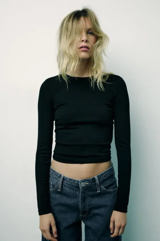 ZARA ФУТБОЛКА ИЗ ХЛОПКА И МОДАЛА С ДЛИННЫМИ РУКАВАМИ, ЧЕРНЫЙ