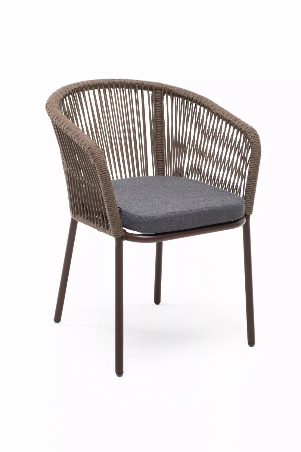 "Марсель" стул плетеный из роупа, каркас алюминий коричневый (RAL8016) муар, роуп коричневый круглый, ткань темно-серая 027