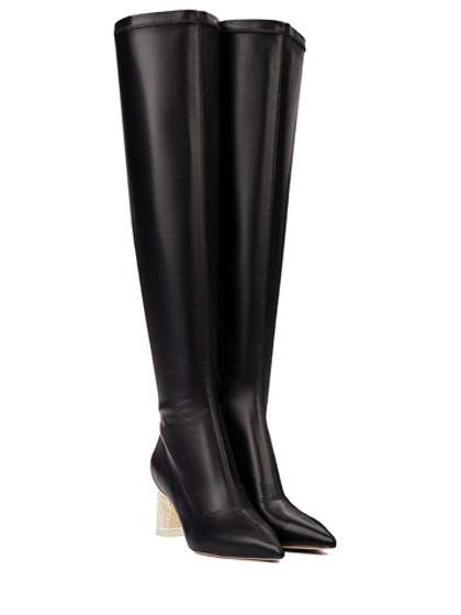 Женские чёрные ботфорты с жемчужным каблуком