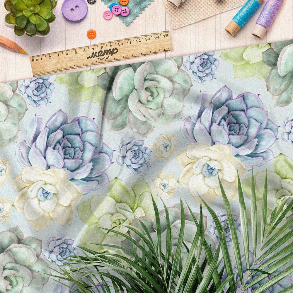 Ткань сатин акварельные суккуленты