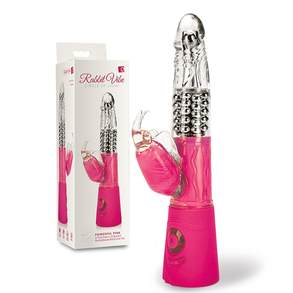 Розовый вибромассажер с клиторальным стимулятором Rabbit Vibe Circle of Light Powerful - 26 см. (Цвет: розовый)
