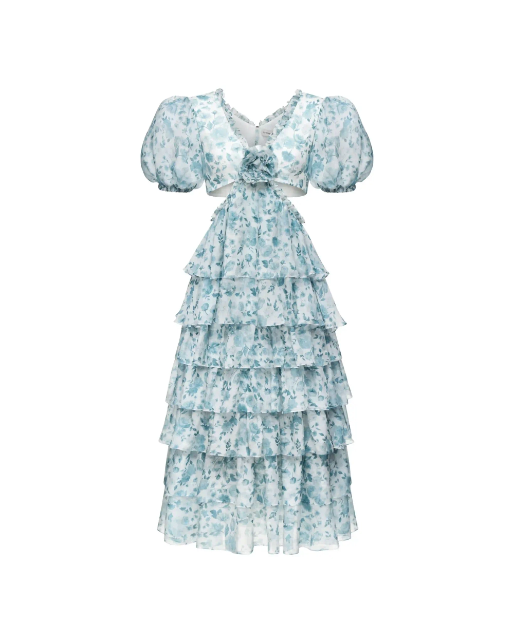 Kelly midi, платье миди с коротким рукавом из молочного шифона со средними голубыми цветами