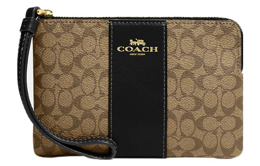 COACH Corner Zip Canvas With Leather Wrist Bag Clutch Small Women"s Khaki & Black