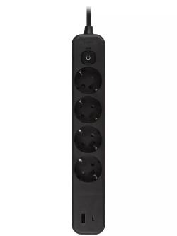 Сетевой фильтр Intro SFE430-2xUSBAC-B с базовой защитой с заземлением с выключателем 4 розетки+2xUSBA+C 3,1A 3м 10А / удлинитель сетевой 3м