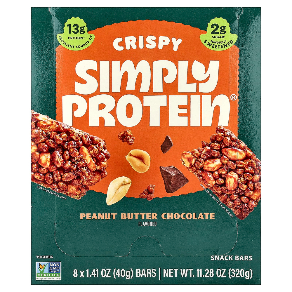 Simply Protein, хрустящие батончики-снеки, с арахисовой пастой и шоколадом, 8 батончиков по 40 г (1,41 унции)