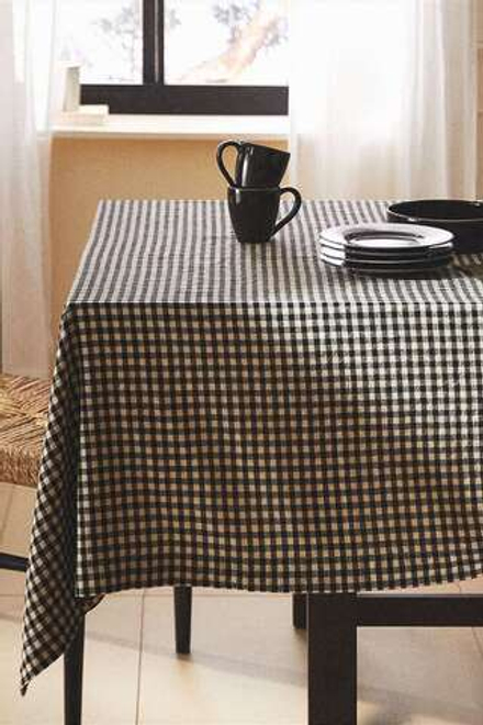 ZARA HOME ЛЬНЯНАЯ СКАТЕРТЬ В КЛЕТКУ В КЛЕТКУ, СИНИЙ