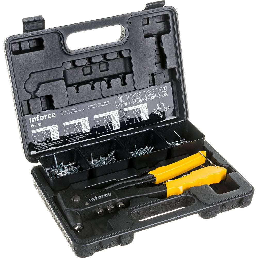 Литой ручной заклепочник Inforce в кейсе, с набором заклепок 2.4-4.8 мм 06-14-101