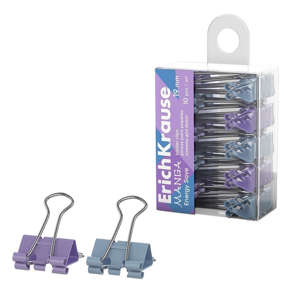 Зажимы для бумаг 19 мм, Erich Krause &quot;Energy Save. Manga&quot;, ассорти, 10 шт/уп, пэт-бокс, европодвес