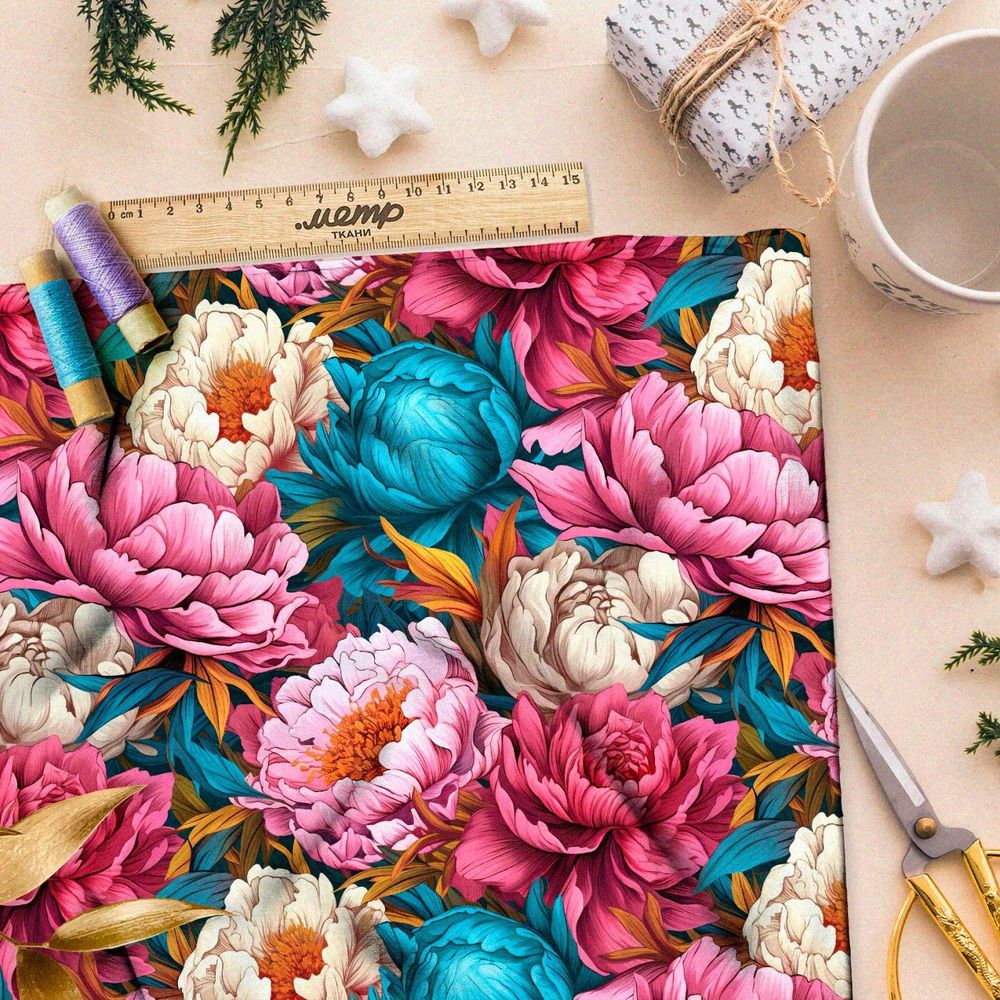 Ткань премиум атлас разноцветие роз