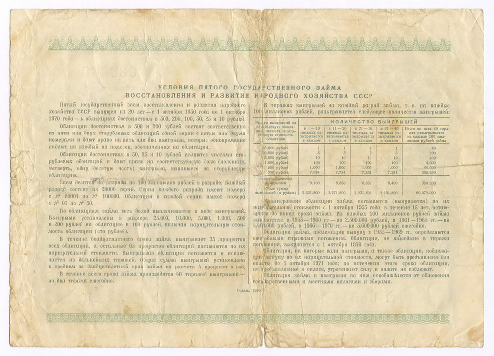 Облигация 100 рублей 1950 год. Серия № 089306. VG