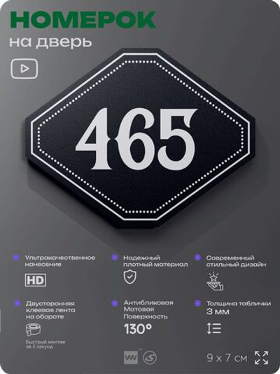 Номерок на дверь квартиры 465, для кабинета, офиса, шильдик 9 х 7 см, черный, Айдентика Технолоджи