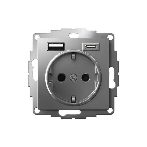 Розетка 1-м СП AtlasDesign 16А IP20 с 2-мя заряд. устройствами USB тип A+C механизм сталь SE ATN000932
