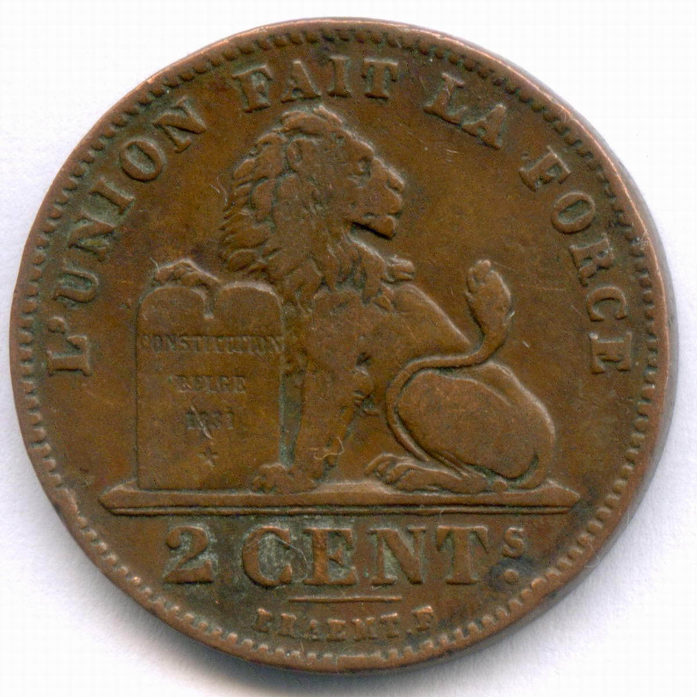 2 сантима 1905 год. Бельгия (Леопольд II). Надпись на французском - DES BELGES. Медь, диаметр 21.5 мм. VF-XF