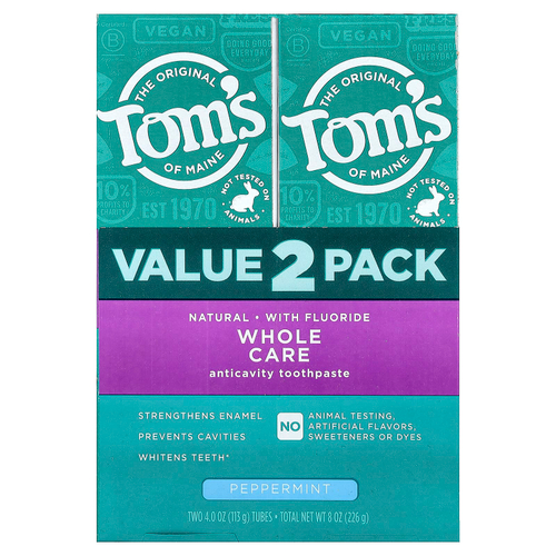 Tom's of Maine, Whole Care, зубная паста против кариеса, с фторидом, перечная мята, 2 шт. в упаковке, по 113 г (4 унции)