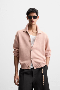ZARA КАРДИГАН ИЗ СМЕСОВОГО ХЛОПКА С РЕЛЬЕФНЫМ УЗОРОМ, ПУДРОВО-РОЗОВЫЙ