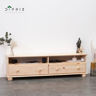 Тумба под телевизор 140 см Бритта с ящиками и полками, из массива сосны в натуральной отделке