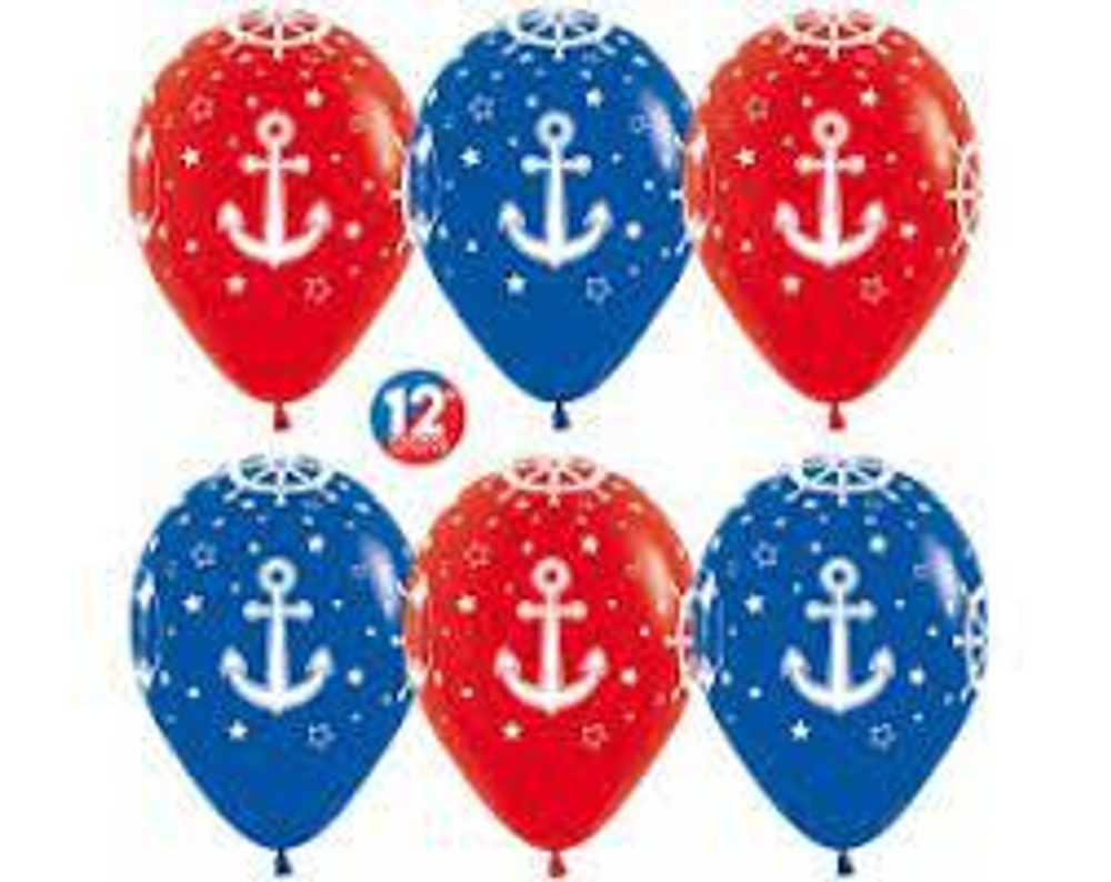 Шар (12""/30 см) Морские якоря, Красный (015)/Синий (041), пастель, 5 ст, 50 шт. П