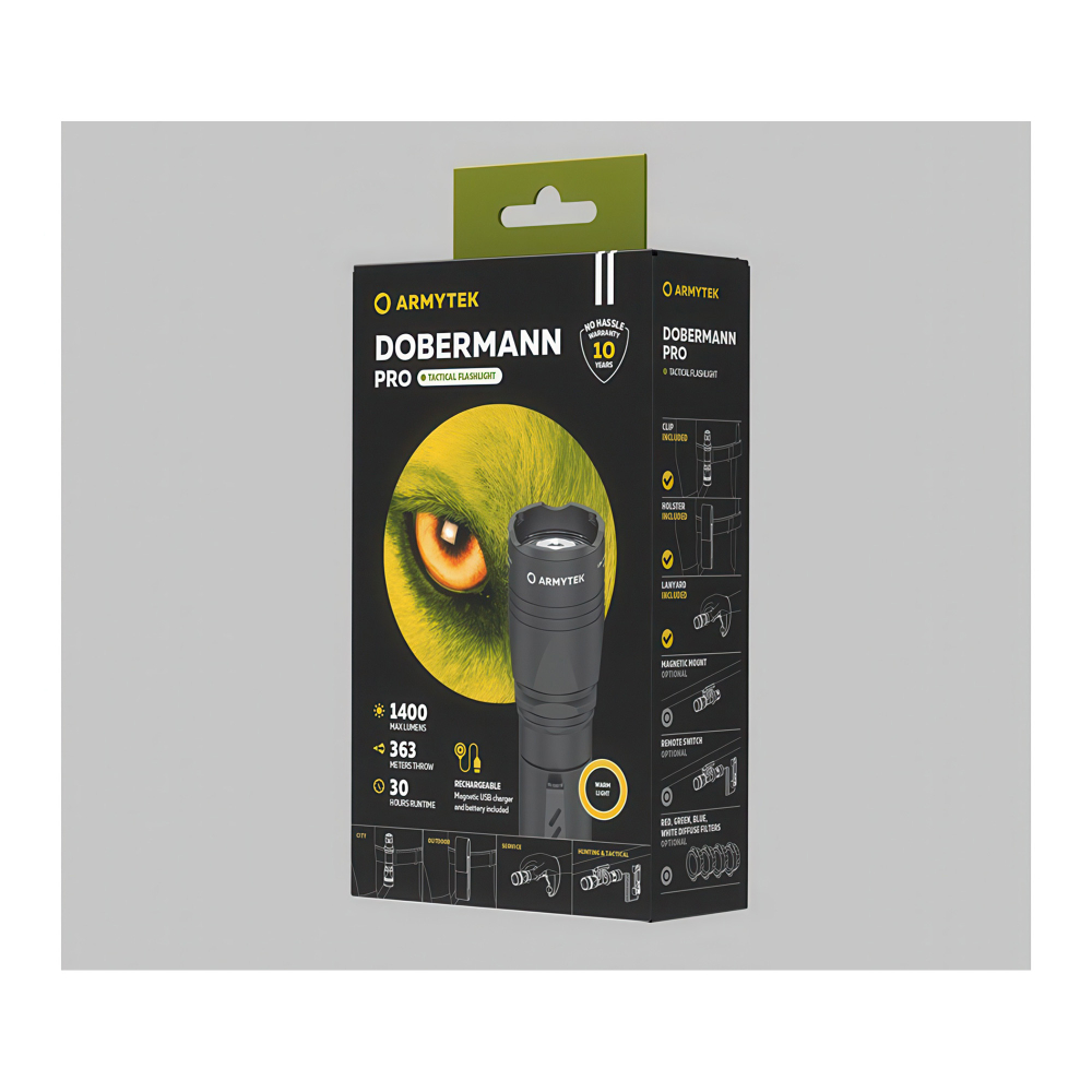 Фонарь Armytek Dobermann Pro Magnet USB (теплый свет) — удобное управление: двухфазная бесшумная кнопка и 6 режимов работы, включая стробоскоп.