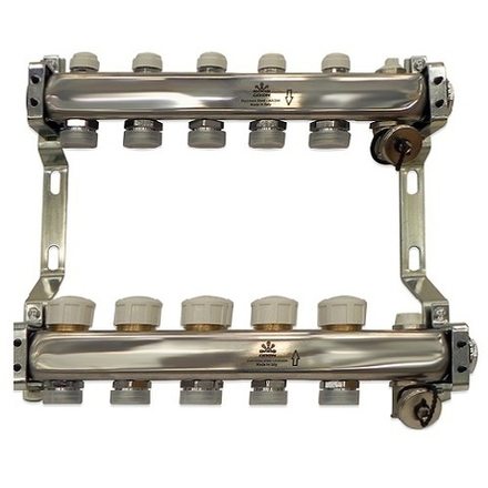 Коллекторный блок для тепл.пола и радиаторного отопления 1"x3/4"EU отв.-5, в комплекте: термостат. клапаны, микрометрич. вентили, сливн. краны, ручн.