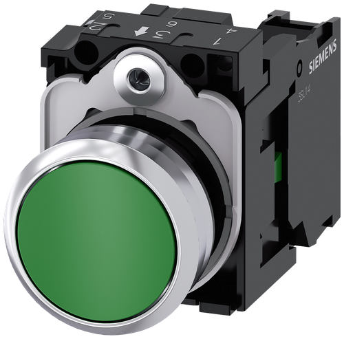 Кнопка, 22mm, круглая, металлическая глянцевая, зелёная, SIEMENS 3SU1150-0AB40-1BA0
