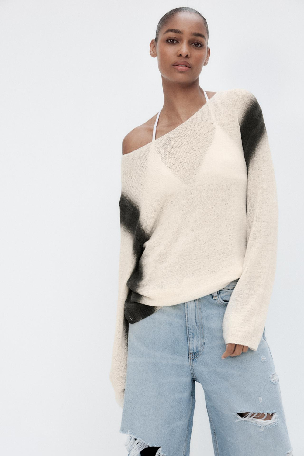 ZARA СВИТЕР ИЗ СМЕСОВОГО ТРИКОТАЖА С ПРИНТОМ, БЕЛЫЙ/ЧЕРНЫЙ