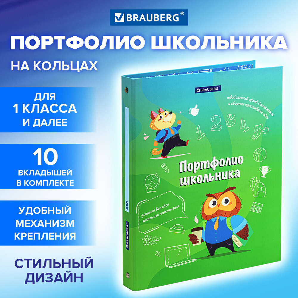 Папка-портфолио школьника "ОТЛИЧНИК" 4 кольца 20 файлов 10 вкладышей 7БЦ матовая BRAUBERG (3 штуки в упаковке)