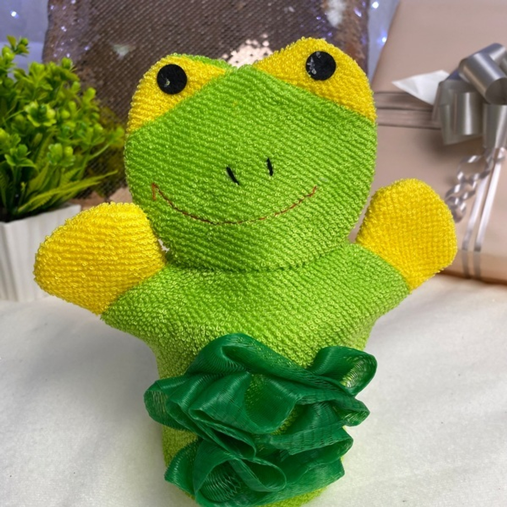 Мочалка-варежка для тела «Ультрамарин - Лягушка», мягкая, цвет зеленый,21*16см