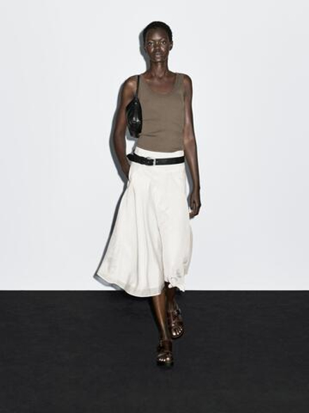 Massimo Dutti Юбка миди клеш с кокеткой, кремовый