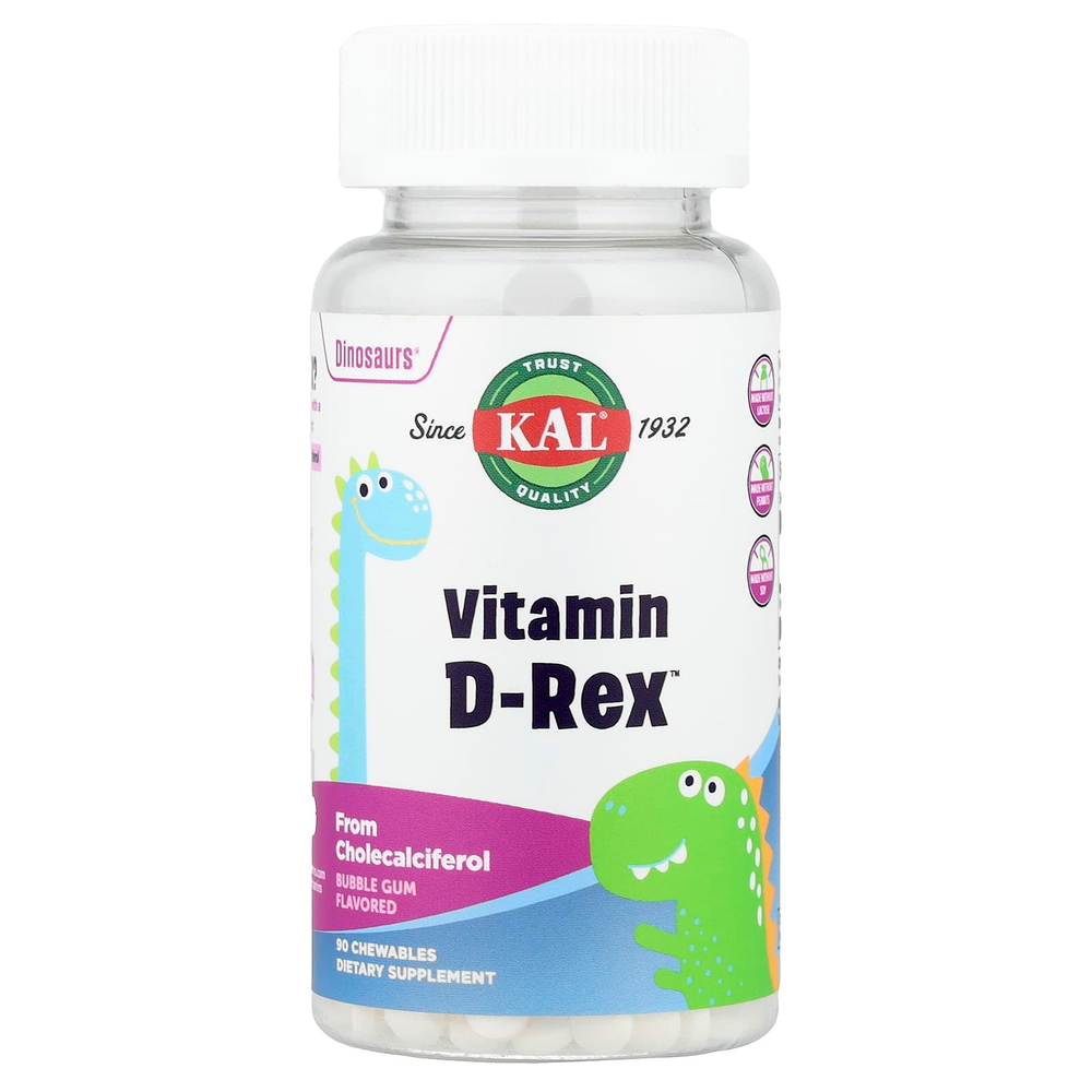 KAL, Dinosaurs®, витамин D-Rex™, жевательная жевательная таблетка, 90 жевательных таблеток (10 мкг в одной жевательной таблетке)