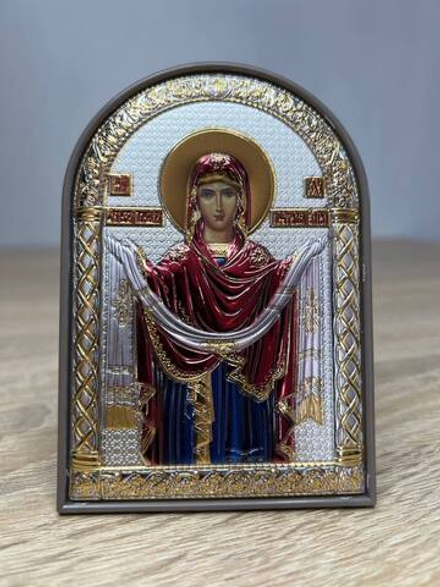 Покрова, икона арочная, пластик коричневый, эмаль 48x68