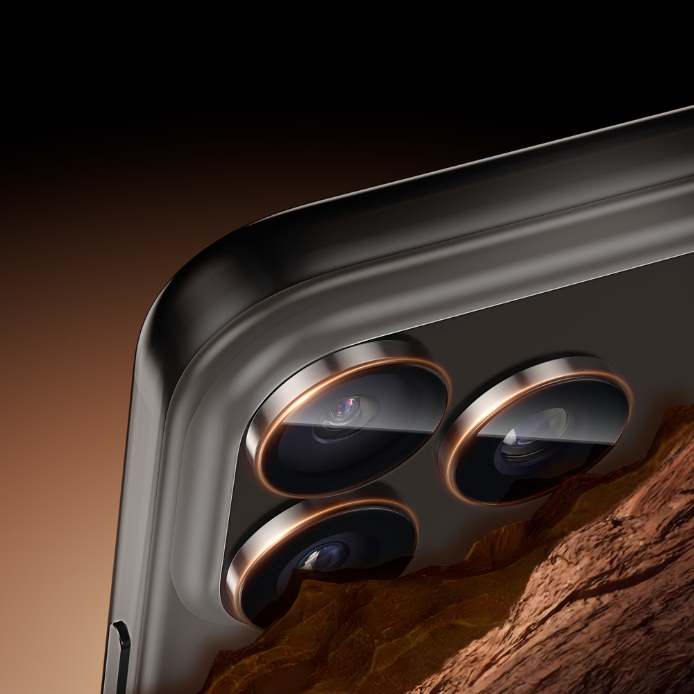 Защитное стекло на объективы камеры для iPhone 17 Pro и 17 Pro Max, серия HAWK Series от Dux Ducis, рамки из алюминия оранжевого цвета (Cosmic Orange)