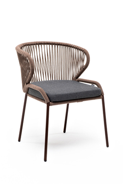 "Милан" стул плетеный из роупа, каркас из стали коричневый (RAL8016), роуп коричневый круглый, ткань темно-серая 027