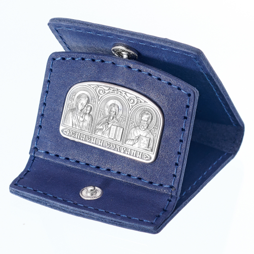 Икона для автомобиля из серебра в чехле из синей кожи/Частичное чернение/Казанская/Иисус Христос/Николай Чудотворец