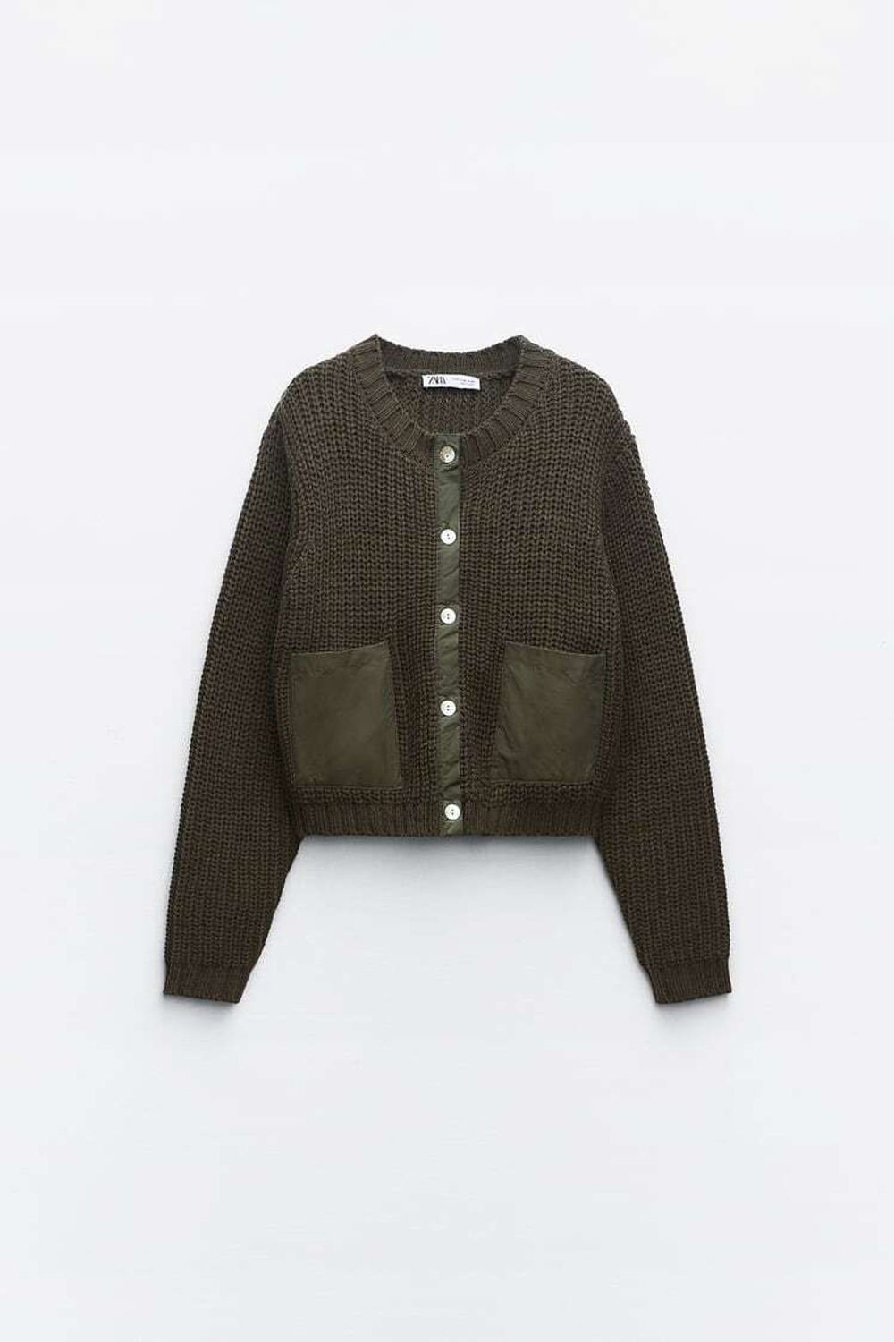 ZARA КАРДИГАН С КОНТРАСТНЫМИ КАРМАНАМИ, ТЕМНЫЙ ХАКИ