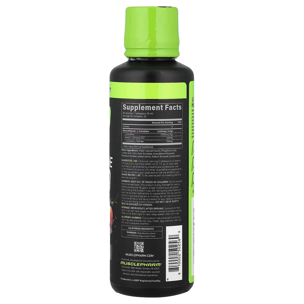 MusclePharm, L-карнитин 3000, персиковый нектарин, 3000 мг, 480 мл (16 жидк. унций)