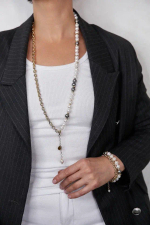 Колье Твин 2 ряда белый и серый жемчуг Майорка и цепь ролло, оттенок золото