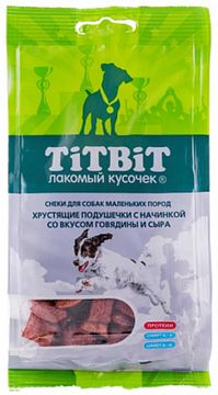 Titbit Хрустящие подушечки с начинкой со вкусом говядины и сыра для маленьких пород Лакомство для собак 95 гр
