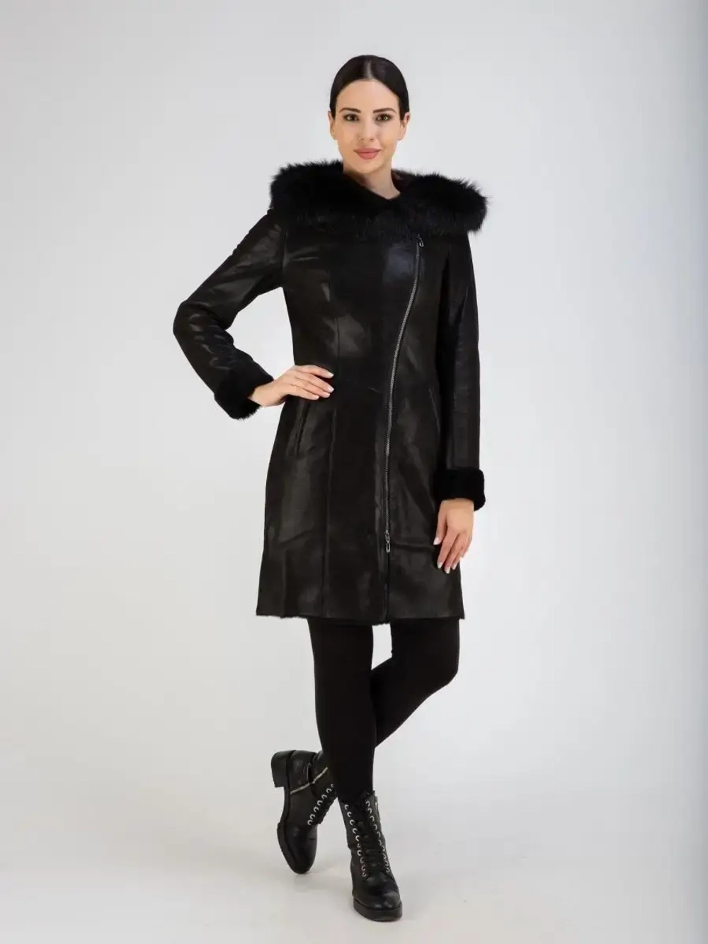 Дубленка женская натуральная длинная с капюшоном Турция