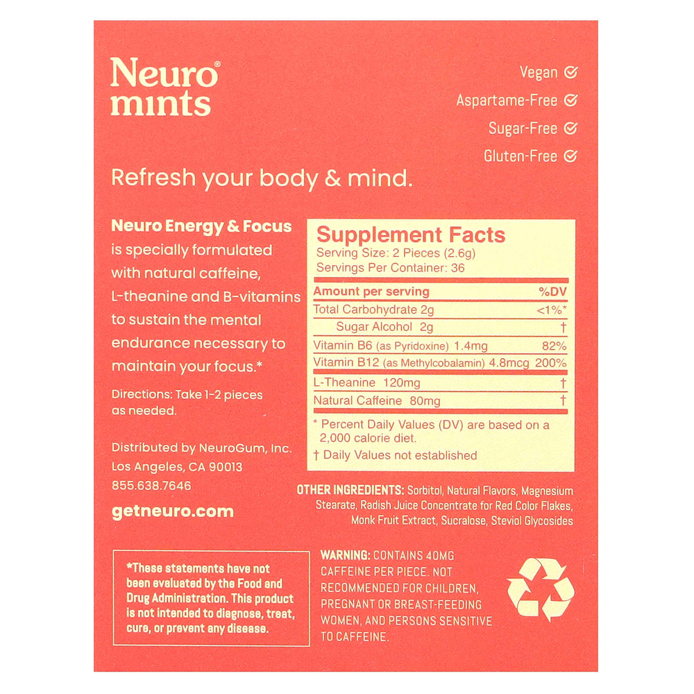 NeuroGum, NeuroMints, энергия и концентрация, корица, 6 пакетиков по 12 шт.