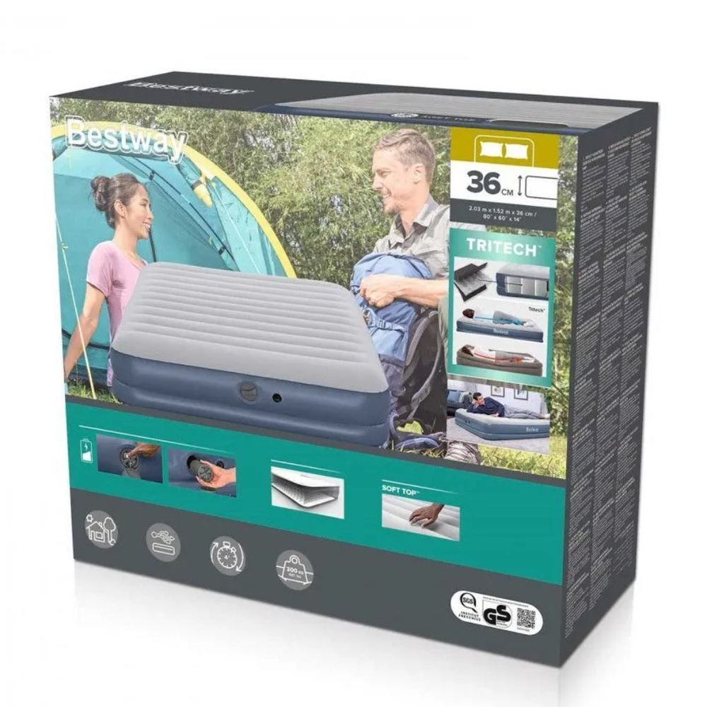 Кровать надувная Bestway, 203х152х36 см, 6716T, нас встроен, аккум, флок, USB насос 3.7В, 300 кг
