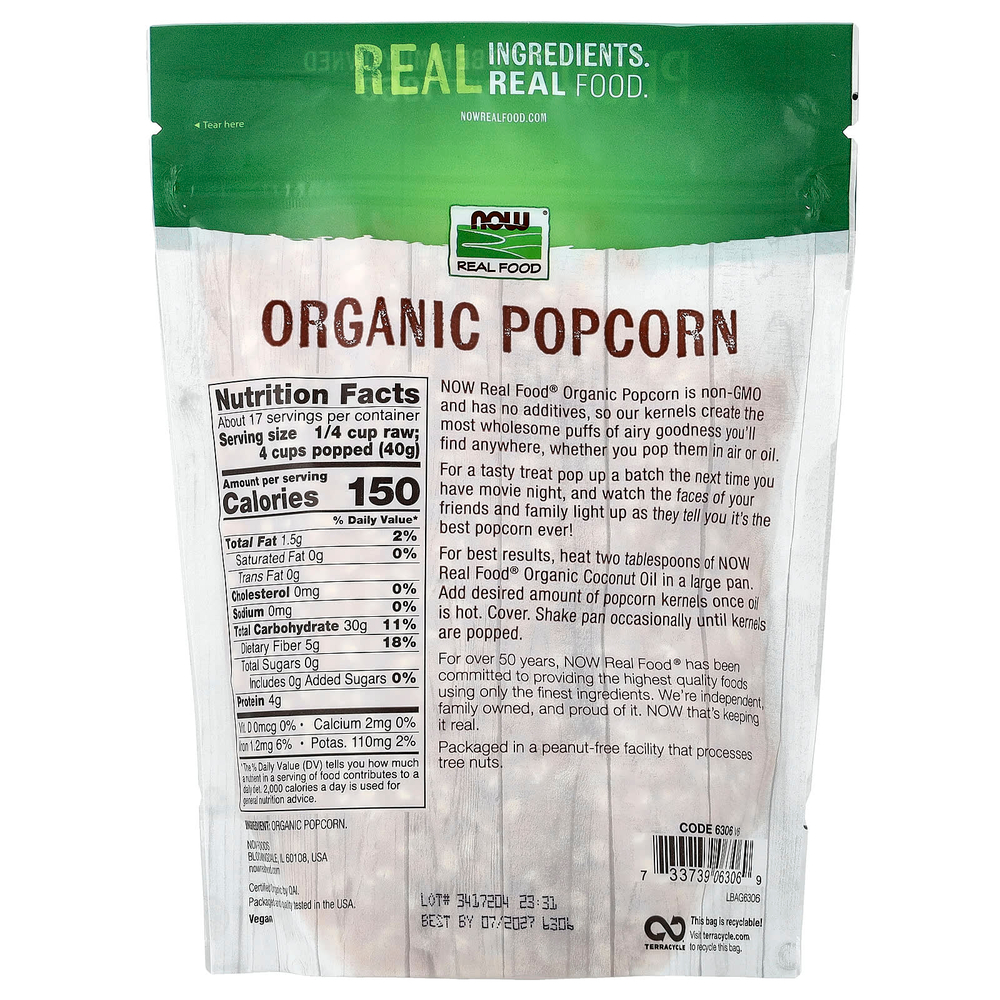 NOW Foods, Real Food, органический попкорн, 680 г (1,5 фунта)