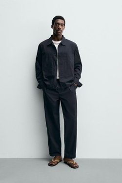 ZARA БРЮКИ STRAIGHT FIT ИЗ ПОПЛИНА, МОРСКОЙ СИНИЙ