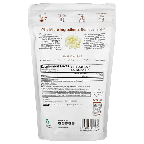 Micro Ingredients, Бенфотиамин, 240 мягких таблеток (200 мг в 1 капсуле)
