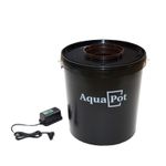 Гидропонная система aquapot xl с компрессором, 5 шт, вид спереди, черный бак с логотипом и воздушный компрессор