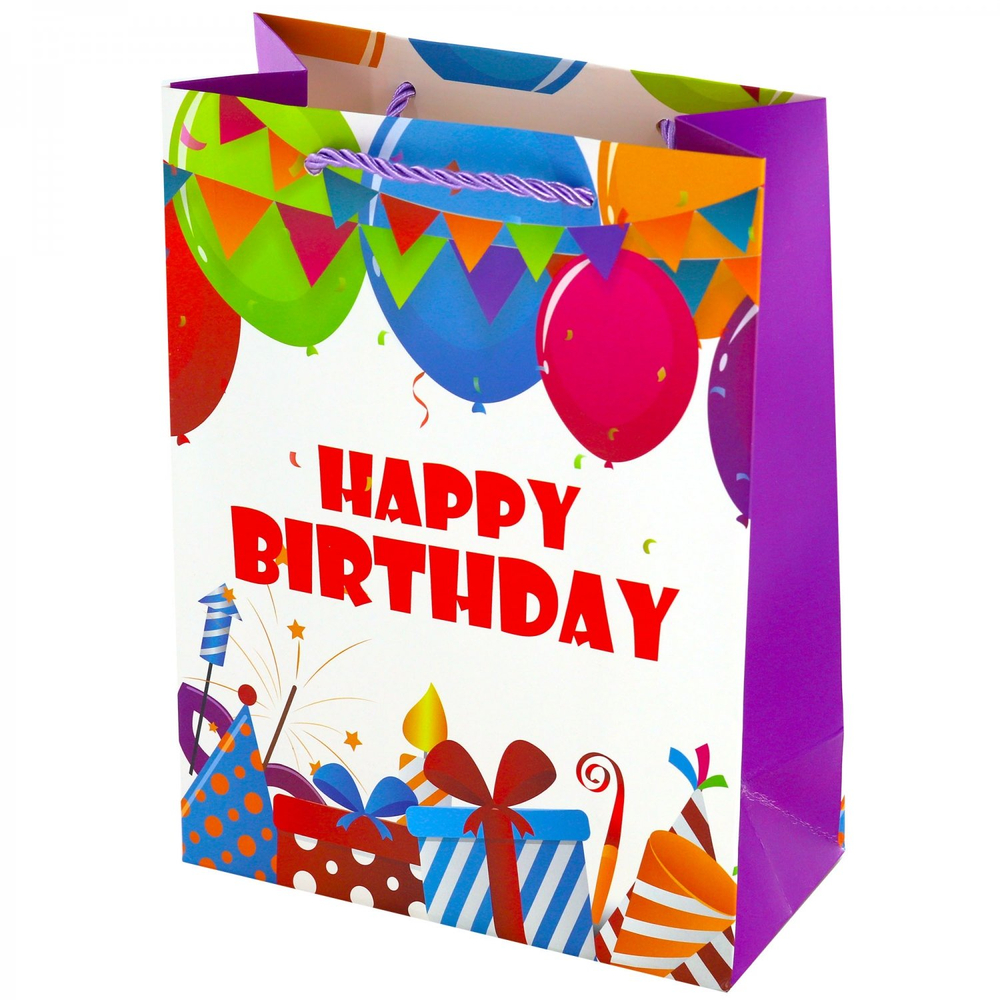 Пакет подарочный бумажный Alingar, (XL) 31х40х12 см, "Happy birthday", ламинация, (4 дизайна в коробе)