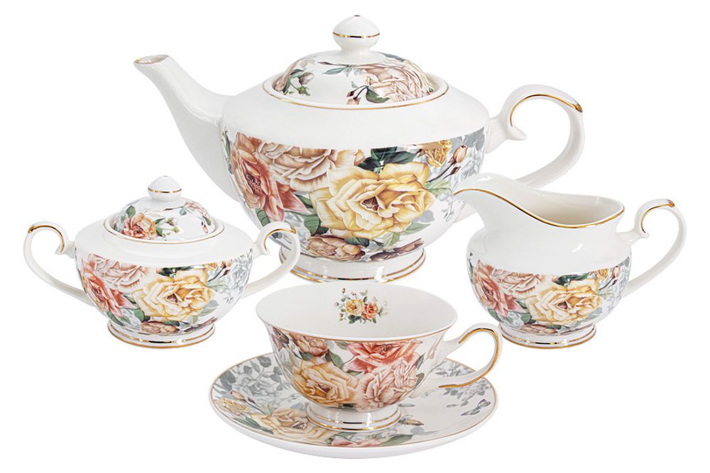 Фарфоровый чайный сервиз на 6 персон AL-1725-W-15TS-P4, 15 предметов, белый/декор