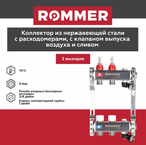 Коллекторная группа ROMMER 2 выхода нержавеющая сталь с расходомерами RMS-1201-000002